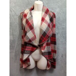 Fleece‎ Open Front Earthy Brown Red Beige Large Pocket Cozy Warmth